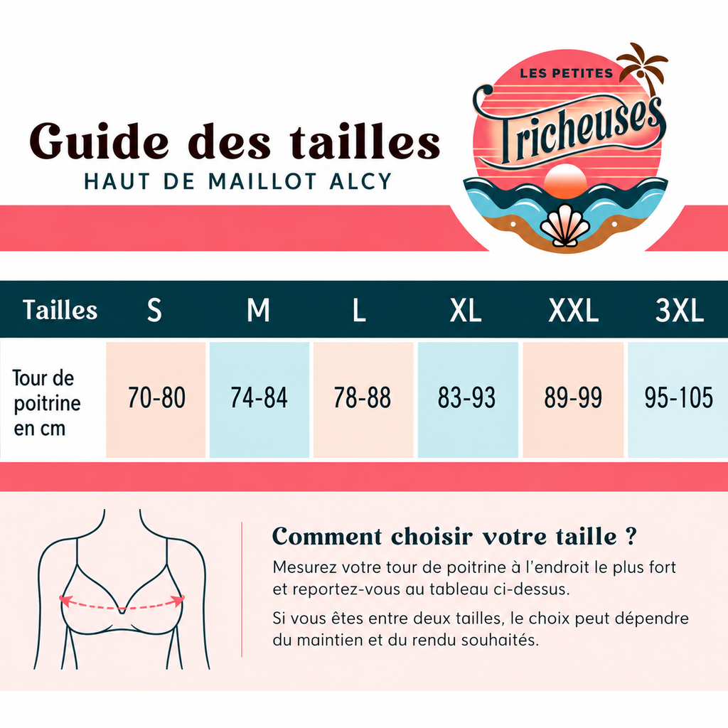 Guide des tailles du haut de maillot de bain Alcy avec tour de poitrine du S au 3XL