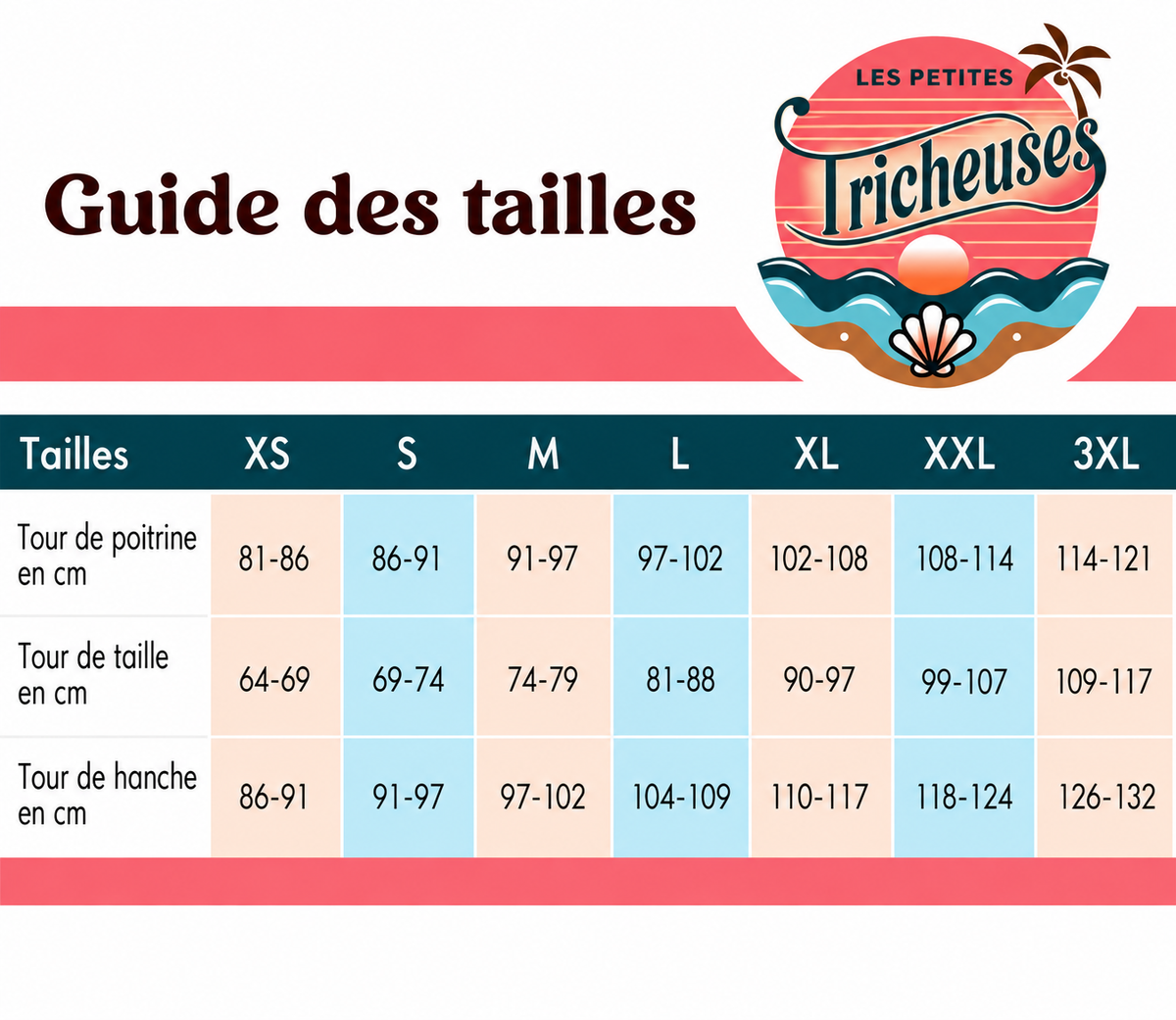 Guide des tailles du maillot de bain gainant Ona du XS au 3XL